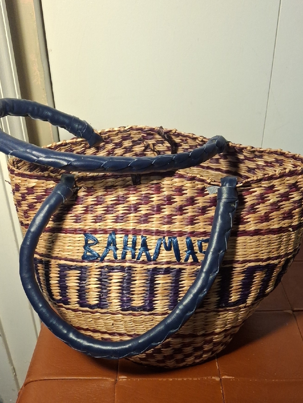 Bahamas Woven Straw Tote Bag with Blue Trim.